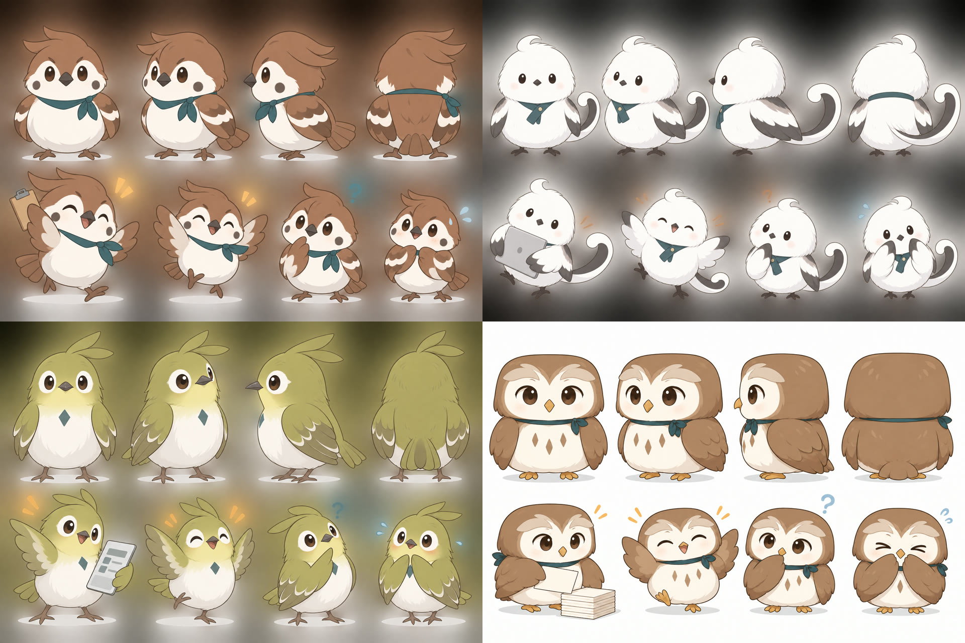 採用した4羽のキャラクターシート。左上からスズ、シマ、メロ、フウ。各シートに向き違いと表情のポーズが8つずつ並んでいます。