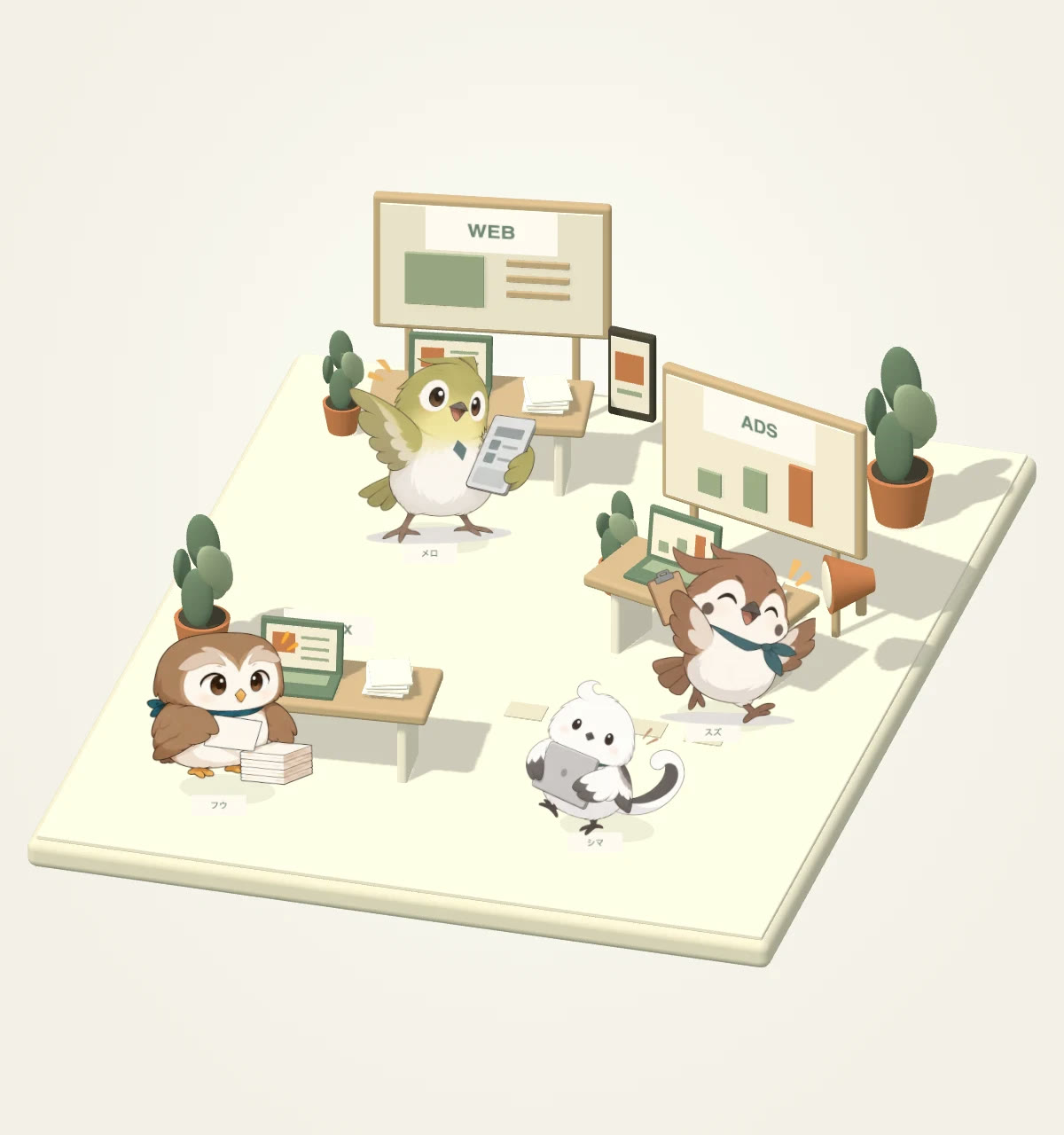 採用イラストを配置した段階。キャラクターの見た目はぐっと良くなりましたが、床や小物はまだ試作のままです。