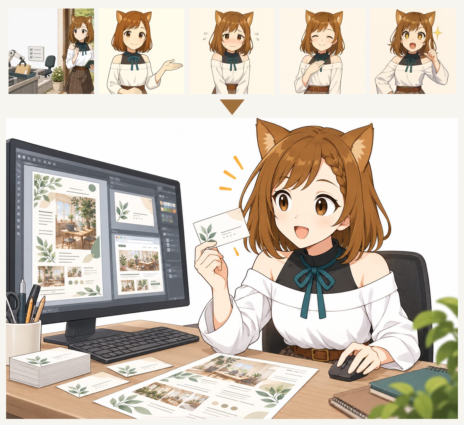上段が毎回渡した参照画像5枚(左端が画風の基準、残り4枚がキャラクターの正式参照)。下段が、それをもとに描いた表面のイラストです。