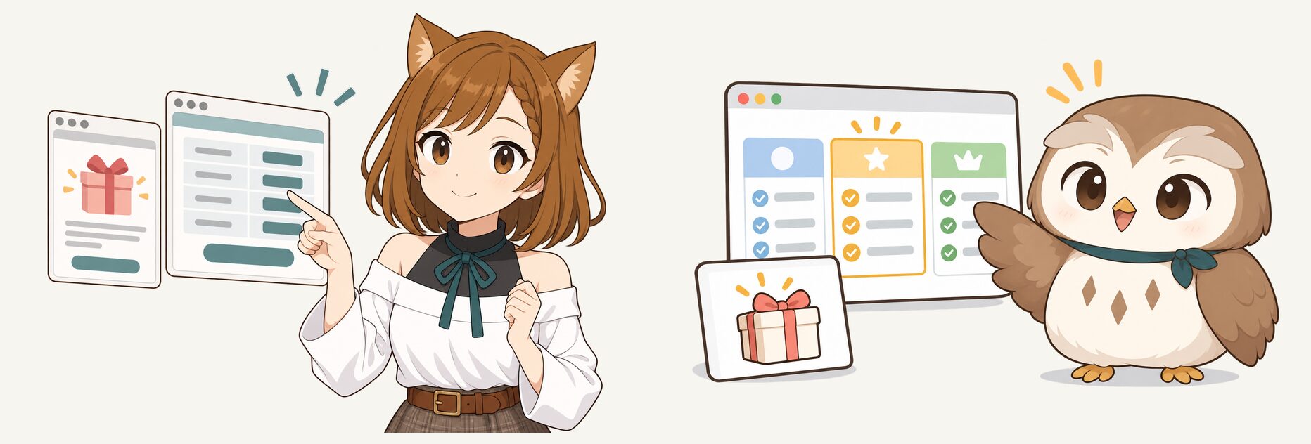 AI用語欄のイラストの差し替え。左が最初の美桜、右が描き直したフクロウのフウ。フウは採用済みのキャラクターシートを参照して、新しく描いています。